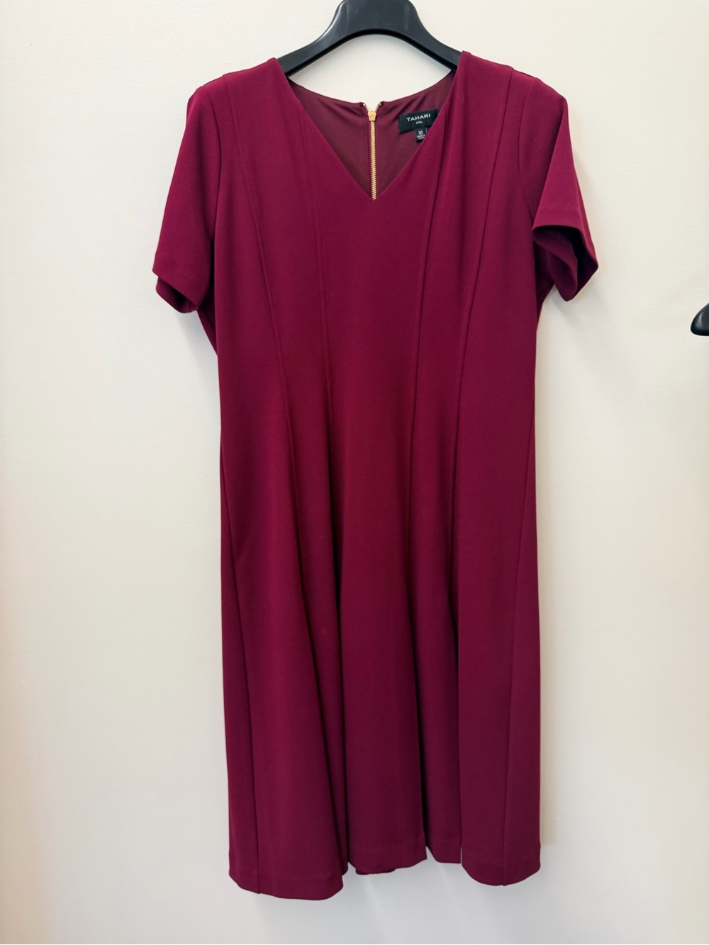 Tahari ASL Short-Sleeve Midi Dress in Burgundy with Gold Zip
